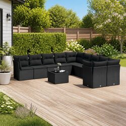11 Piece Outdoor Garden Sofa Set Cushions Black Poly Rattan Patio Furniture