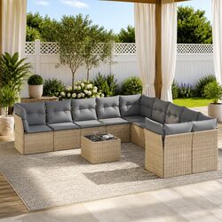Beige Poly Rattan 11-Piece Outdoor Sofa Set for Relaxation