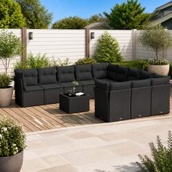 Garden Sofa Set 12 Piece Black Poly Rattan Outdoor Patio Furniture with Cushions