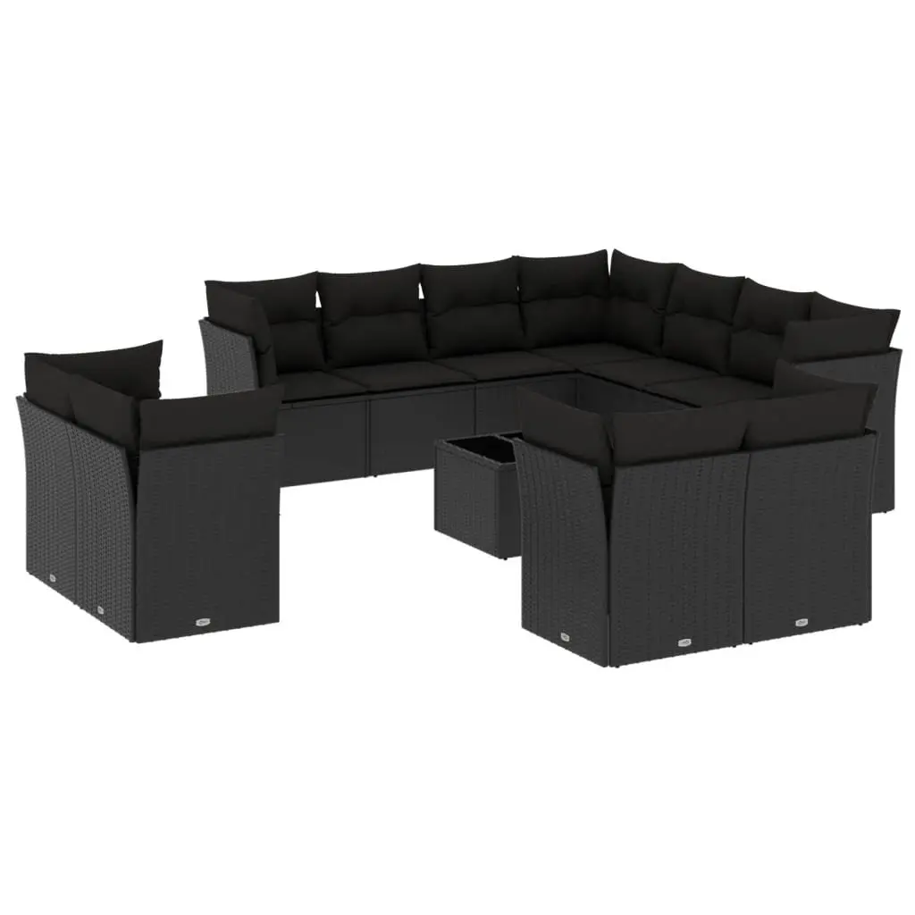 Garden Sofa Set 12 Piece Modular Outdoor Furniture Black PE Rattan with Storage and Tempered Glass Tabletop