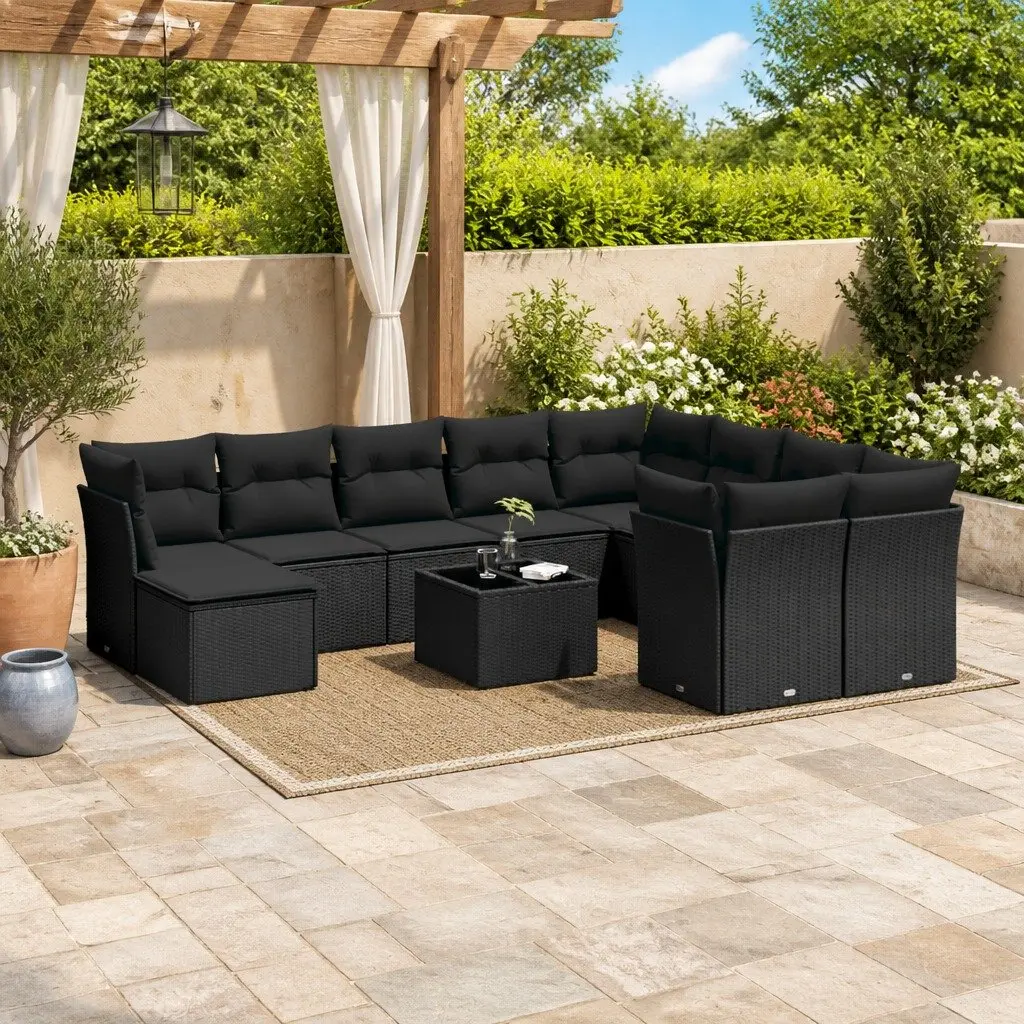 Garden Sofa Set 11 Piece Modular Outdoor Furniture Black PE Rattan with Tempered Glass Table Top Removable Cushion Covers