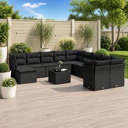 Garden Sofa Set 12 Piece Outdoor Patio Furniture Black Poly Rattan with Cushions