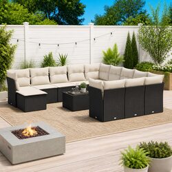 Garden Sofa Set 13 Piece Outdoor Furniture Black Poly Rattan Patio with Cushions