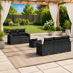 6 Piece Outdoor Garden Sofa Set Black Poly Rattan Sectional Patio Furniture