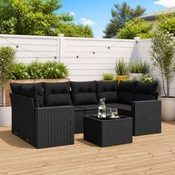 Outdoor Sectional Sofa Set 7 Piece Black Poly Rattan Garden Furniture with