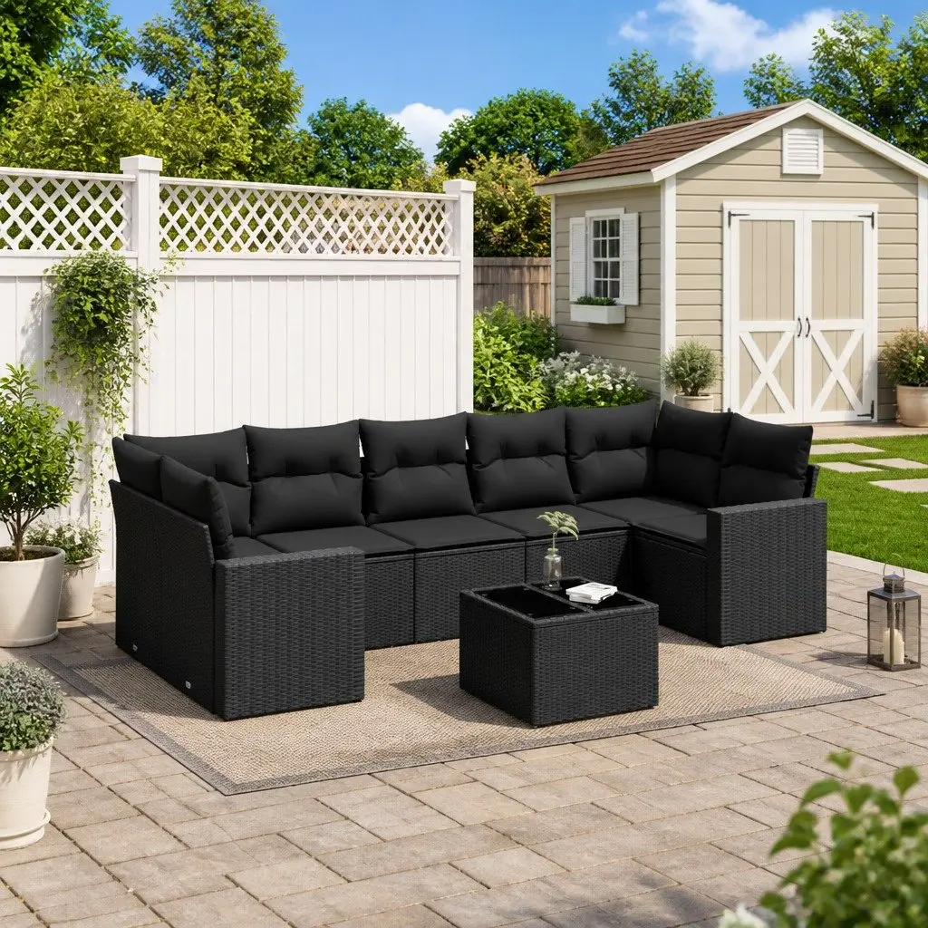 Outdoor Sectional Sofa Set 8 Piece Black Poly Rattan Garden Furniture with