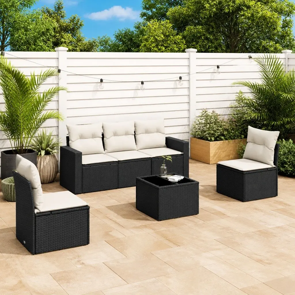 6 Piece Garden Sofa Set Black PE Rattan Modular Outdoor Sectional with Tempered Glass Table and Removable Washable Cushion Covers