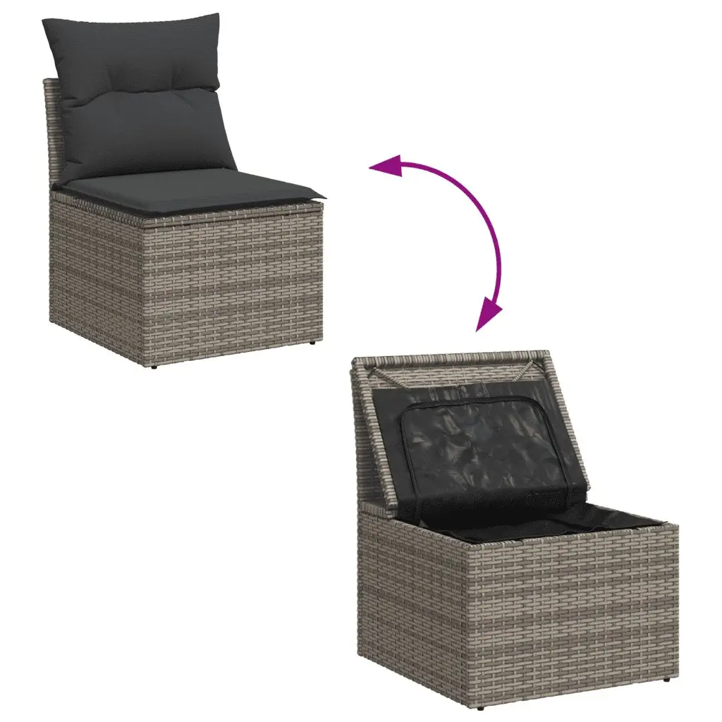 7 Piece Outdoor Garden Sofa Set Grey Poly Rattan Sectional with Cushions and Storage Compartments