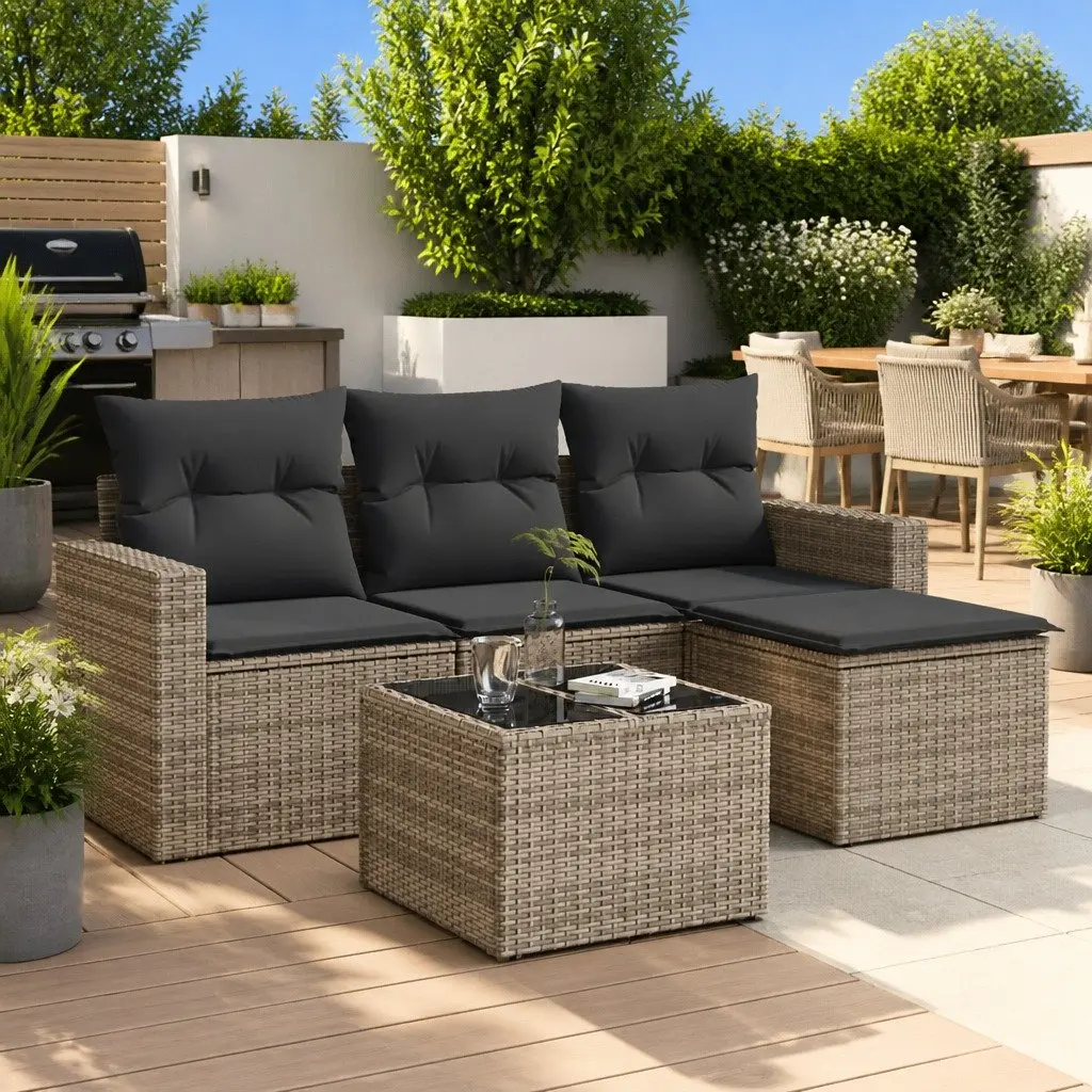 5 Piece Outdoor Garden Sofa Set Grey Poly Rattan Sectional with Cushions and Tempered Glass Table