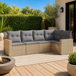 5 Piece Outdoor Garden Sofa Set with Storage Cushions Beige Poly Rattan Patio