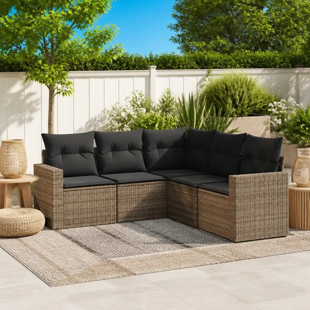 5 Piece Garden Sofa Set Grey Poly Rattan Outdoor Sectional Furniture with Cushions