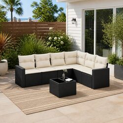 Outdoor Sectional Sofa Set 7 Piece Black Poly Rattan Garden Furniture Modular