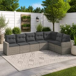 Outdoor Sectional Sofa Set 7 Piece Garden Furniture Grey Poly Rattan with