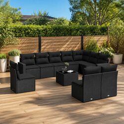 11 Piece Outdoor Sectional Sofa Set Black Poly Rattan Modular Garden Furniture