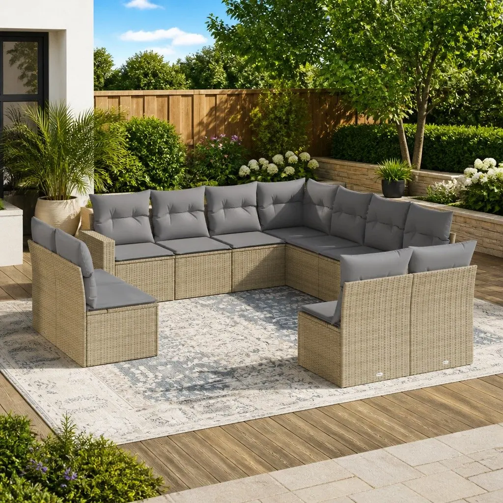 Outdoor Sectional Sofa Set 11 Piece Garden Furniture Beige with Cushions Storage