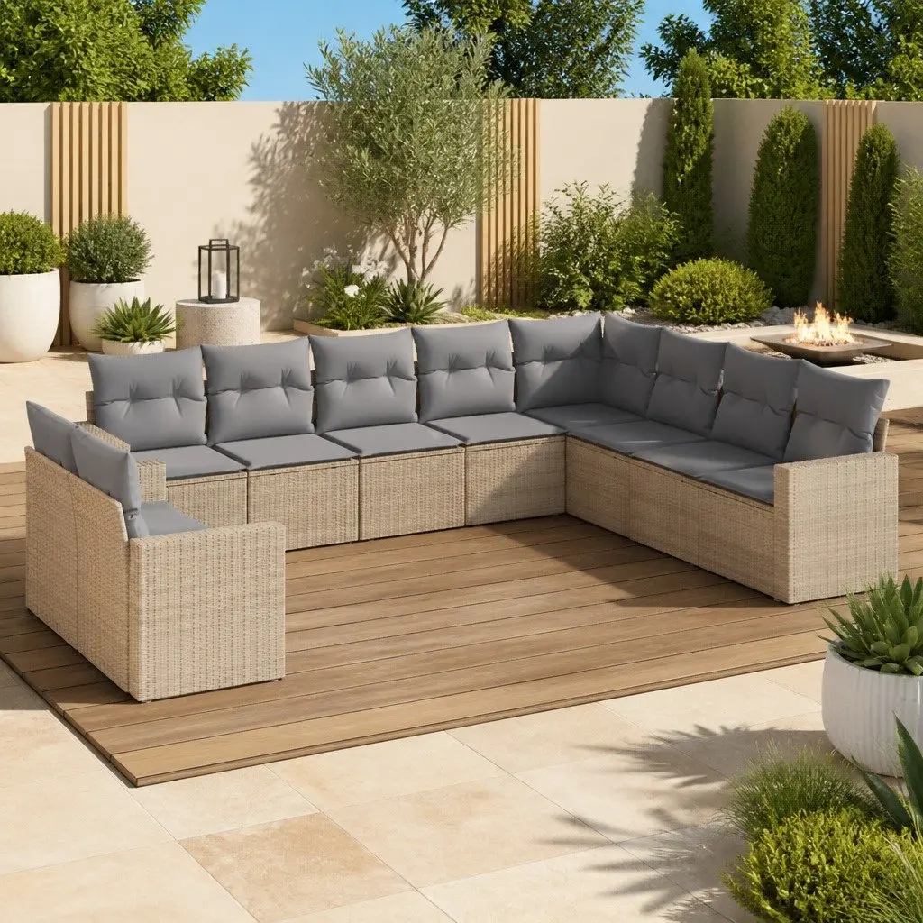 Outdoor Sectional Sofa Set 10 Piece Garden Furniture Beige Poly Rattan Modular
