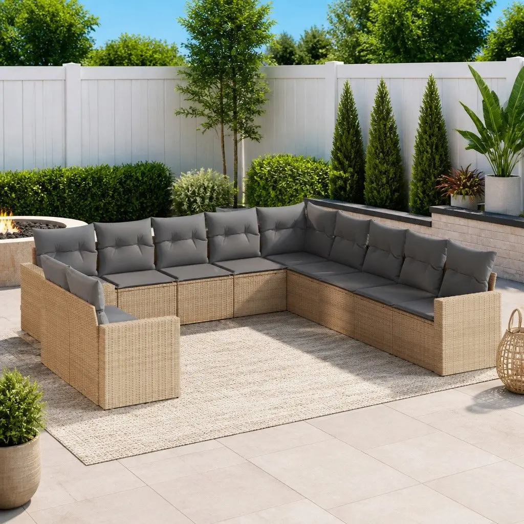Outdoor Sectional Sofa Set 11 Piece Garden Furniture Beige Poly Rattan with