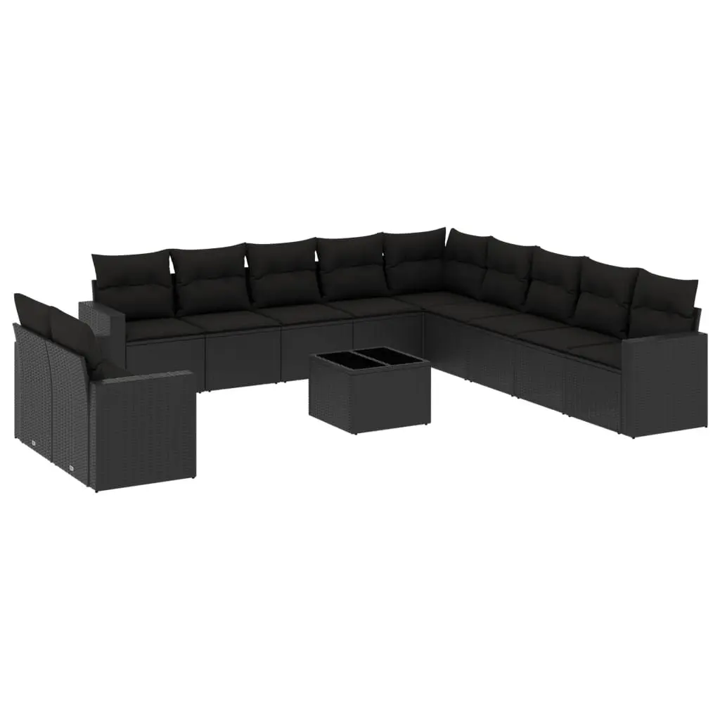Outdoor Sectional Sofa Set 12 Piece Black Poly Rattan Garden Seating with Glass