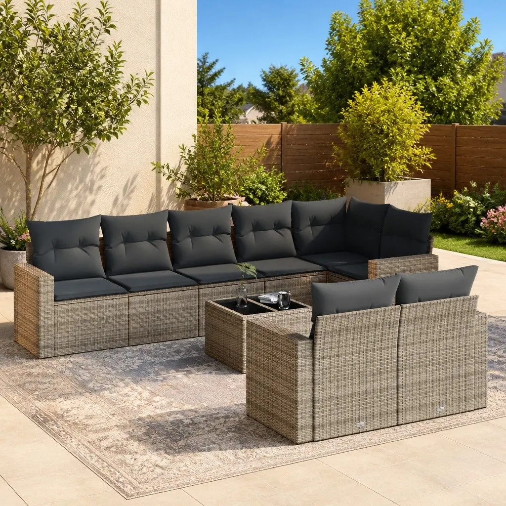 Grey Rattan Sectional Garden Sofa Set 9 Piece Outdoor Seating with Cushions and Tempered Glass Table