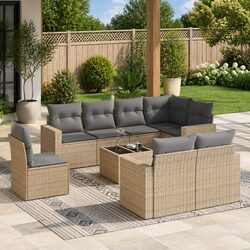 9 Piece Outdoor Garden Sofa Set Beige Sectional Patio Furniture with Cushions