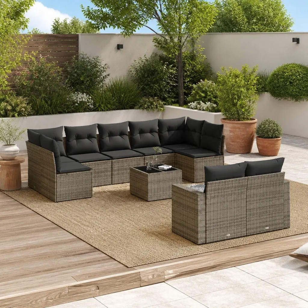 10 Piece Outdoor Garden Sofa Set with Storage Grey Poly Rattan Patio Sectional