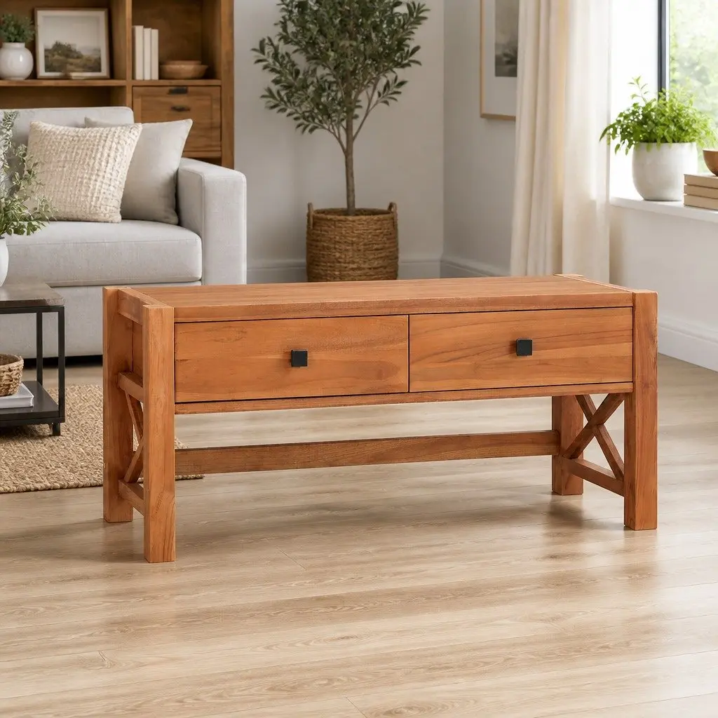 TV Cabinet 100x40x45 cm Teak Wood Storage Unit with 2 Drawers
