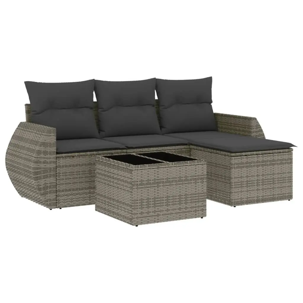 Garden Sofa Set 5 Piece Grey Poly Rattan Outdoor Furniture with Storage Space and Tempered Glass Tabletop