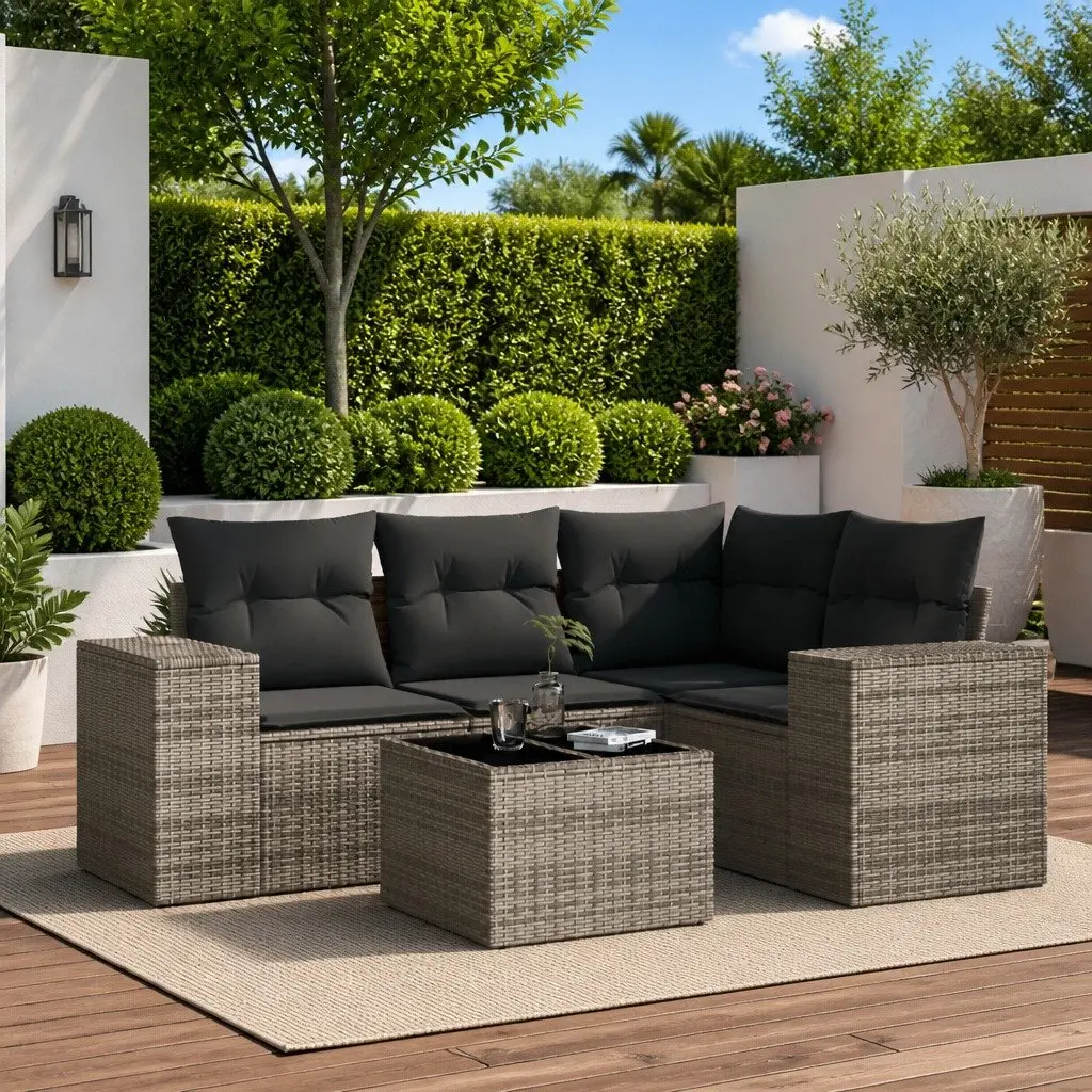 Garden Sofa Set 5 Piece Grey Poly Rattan Modular Outdoor Furniture with Storage and Tempered Glass Tabletop