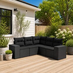 Outdoor Garden Sofa Set 5 Piece Black Poly Rattan Patio Furniture with Cushions