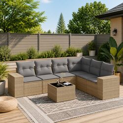 Garden Sofa Set 7 Piece Outdoor Furniture Beige Poly Rattan Patio Lounge with