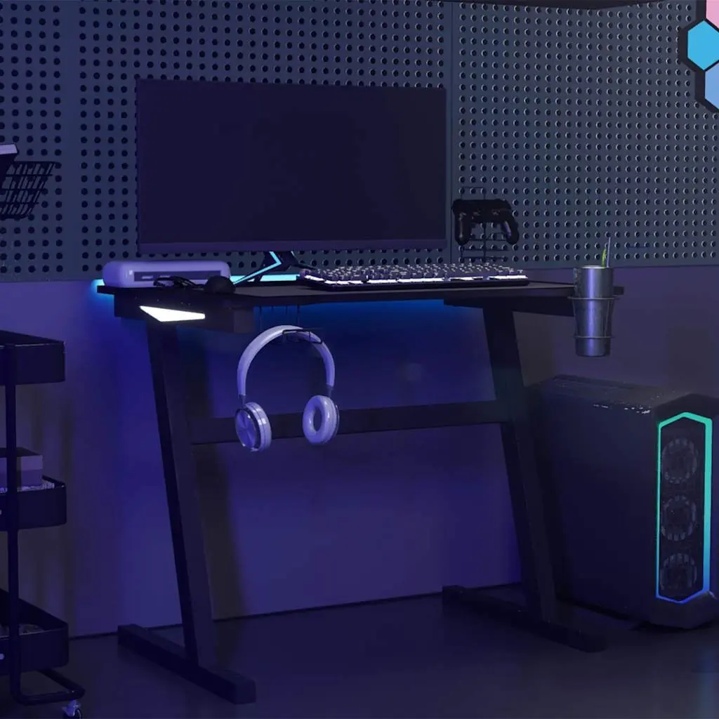 Gaming Desk LED RGB Black Z Shape Legs Computer Workstation Ergonomic Design