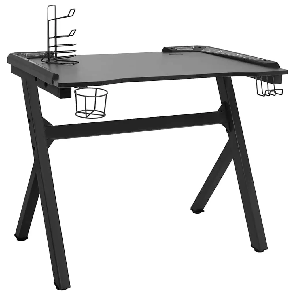 Gaming Desk 110 cm LED RGB Black Y Shape Ergonomic Workstation with Earphone Rack Controller Rack and Cup Holder