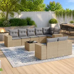 Garden Sofa Set 9 Piece Outdoor Patio Furniture Beige Poly Rattan with Cushions