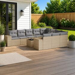 Garden Sofa Set 11 Piece Outdoor Furniture Patio Lounge Beige Poly Rattan