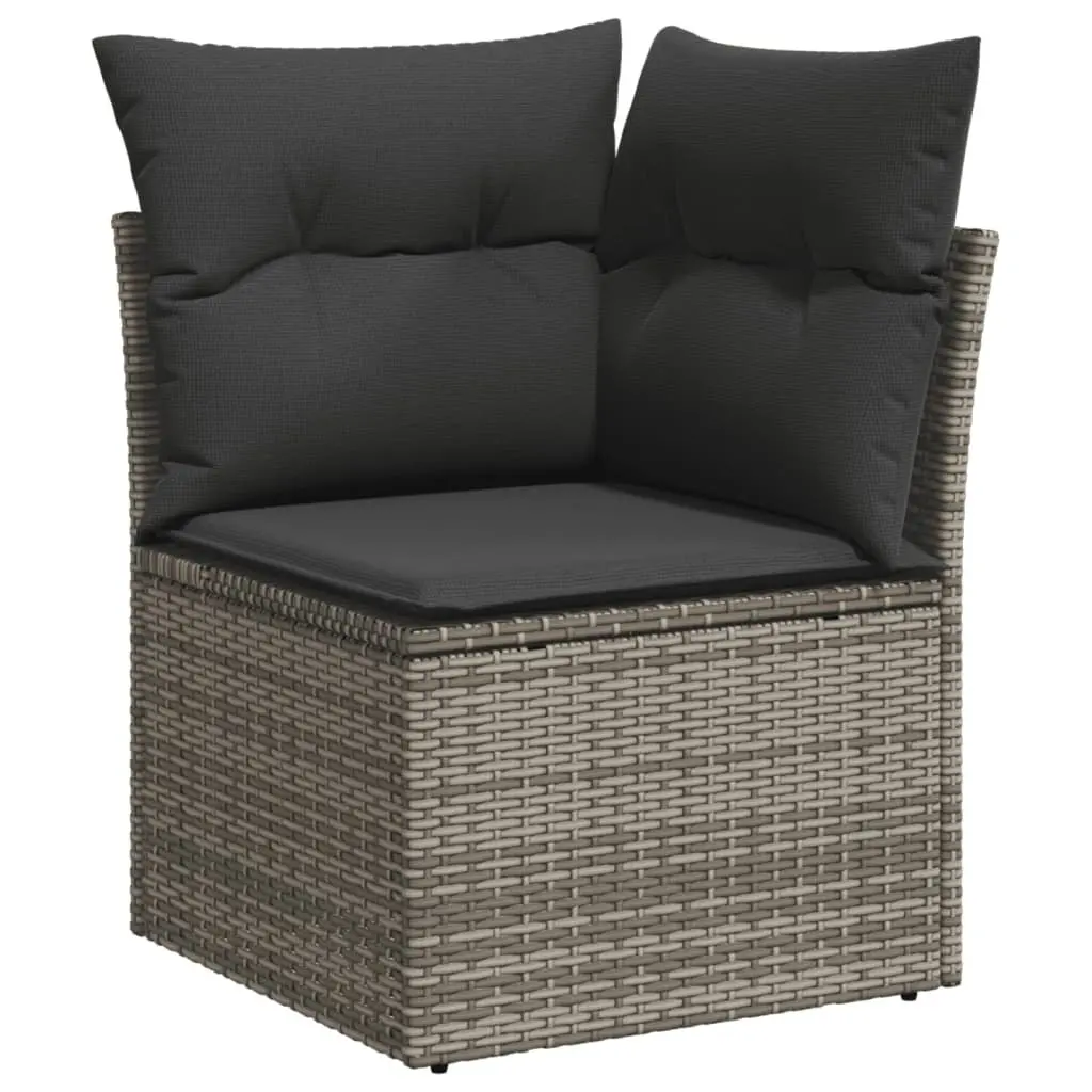 7 Piece Modular Garden Sofa Set Grey Poly Rattan with Acacia Wood Tabletop and Underseat Storage for Outdoor Patio