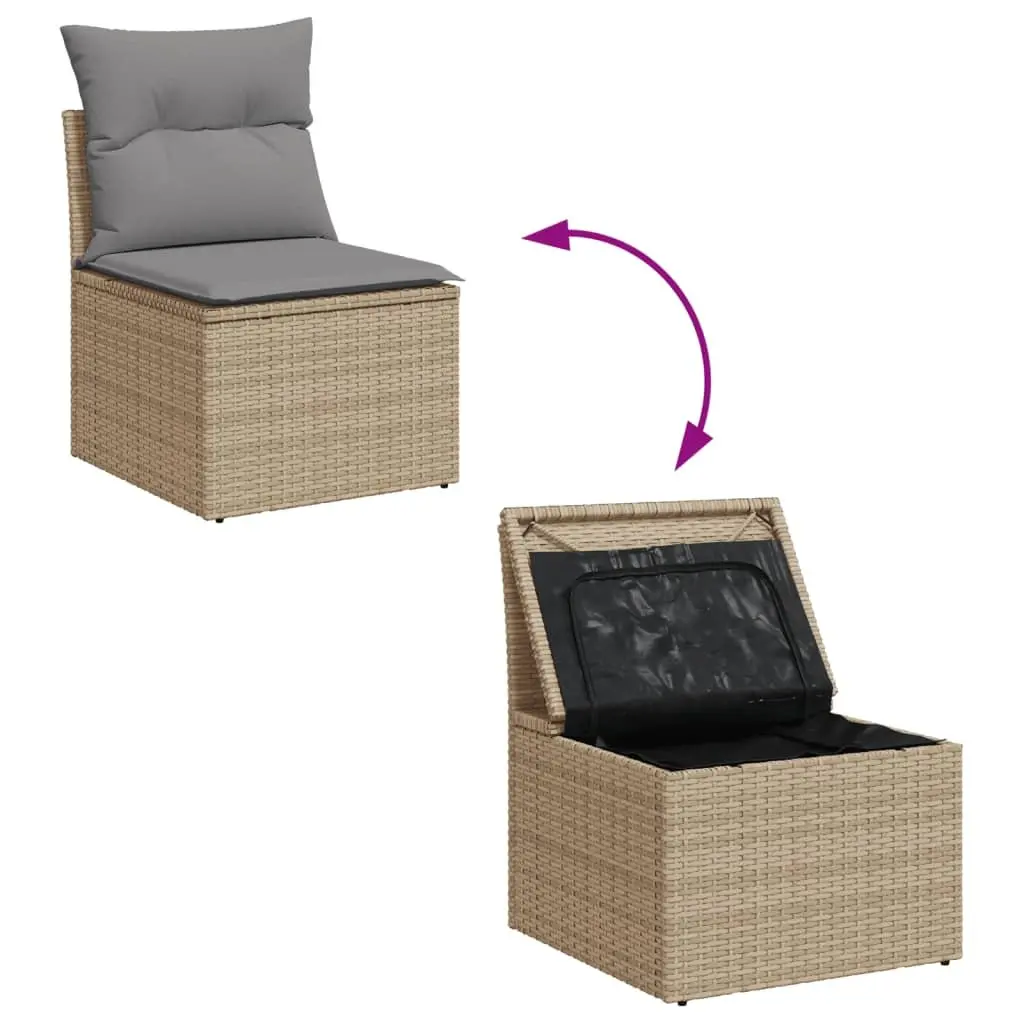 Garden Sofa Set 8 Piece Modular Outdoor Furniture Beige PE Rattan with Acacia Wood Table Top Removable Cushion Covers and Integrated Storage