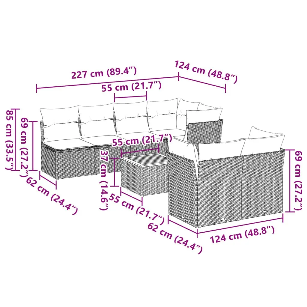 Garden Sofa Set 8 Piece Outdoor Furniture with Cushions Grey Poly Rattan Patio
