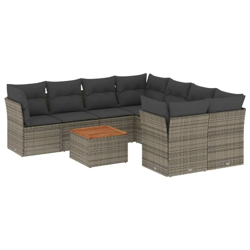 Garden Sofa Set 9 Piece Grey Poly Rattan Modular Outdoor Furniture with Acacia Wood Table Top and Storage Compartments