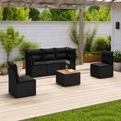 6 Piece Outdoor Garden Sofa Set with Storage Cushions Black Poly Rattan