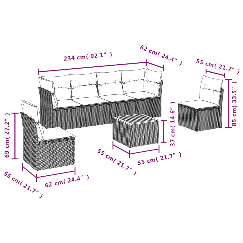 7 Piece Garden Sofa Set Grey Poly Rattan Outdoor Furniture with Storage Function Removable Cushion Covers Acacia Wood Tabletop