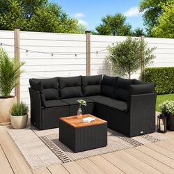 6 Piece Outdoor Garden Sofa Set with Storage Cushions Black Poly Rattan Patio