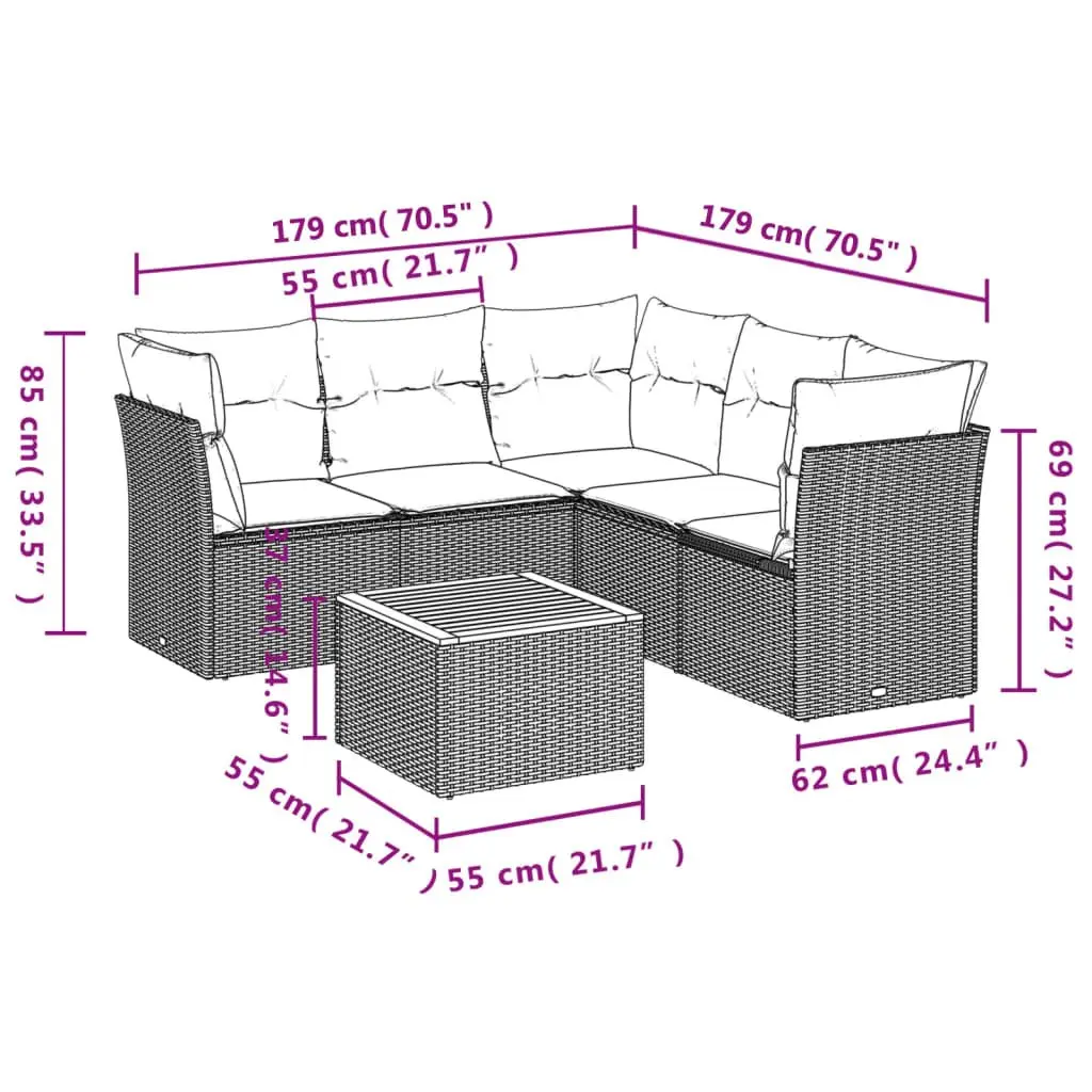 Garden Sofa Set 6 Piece Grey Poly Rattan Modular Outdoor Furniture with Storage Function