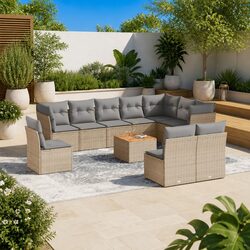 Garden Sofa Set 11 Piece Outdoor Furniture Beige Poly Rattan Modular Patio