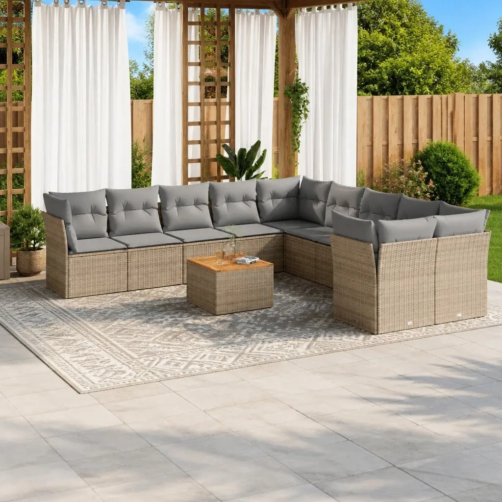 Garden Sofa Set 11 Pieces Outdoor Furniture Beige Poly Rattan Patio Modular