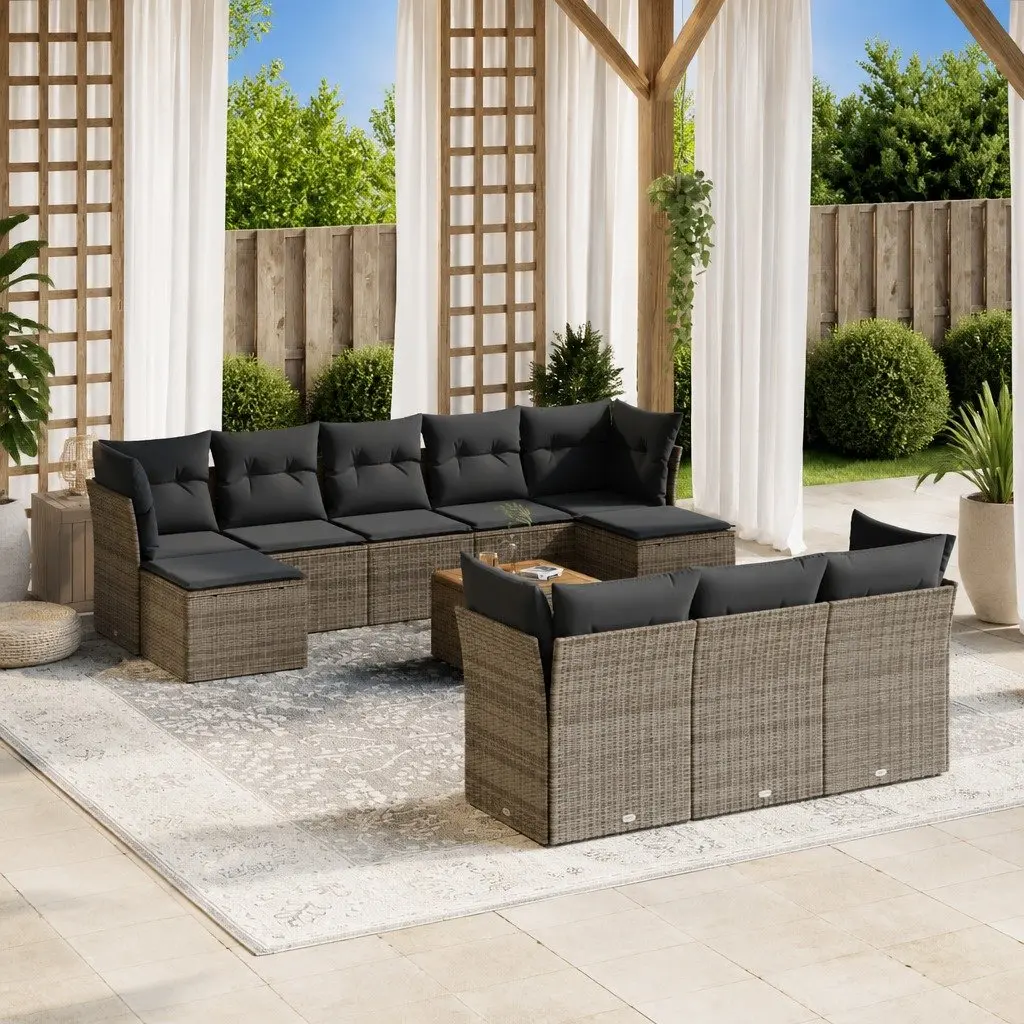 Garden Sofa Set 11 Piece Grey Poly Rattan Outdoor Furniture with Storage Space and Acacia Wood Tabletop