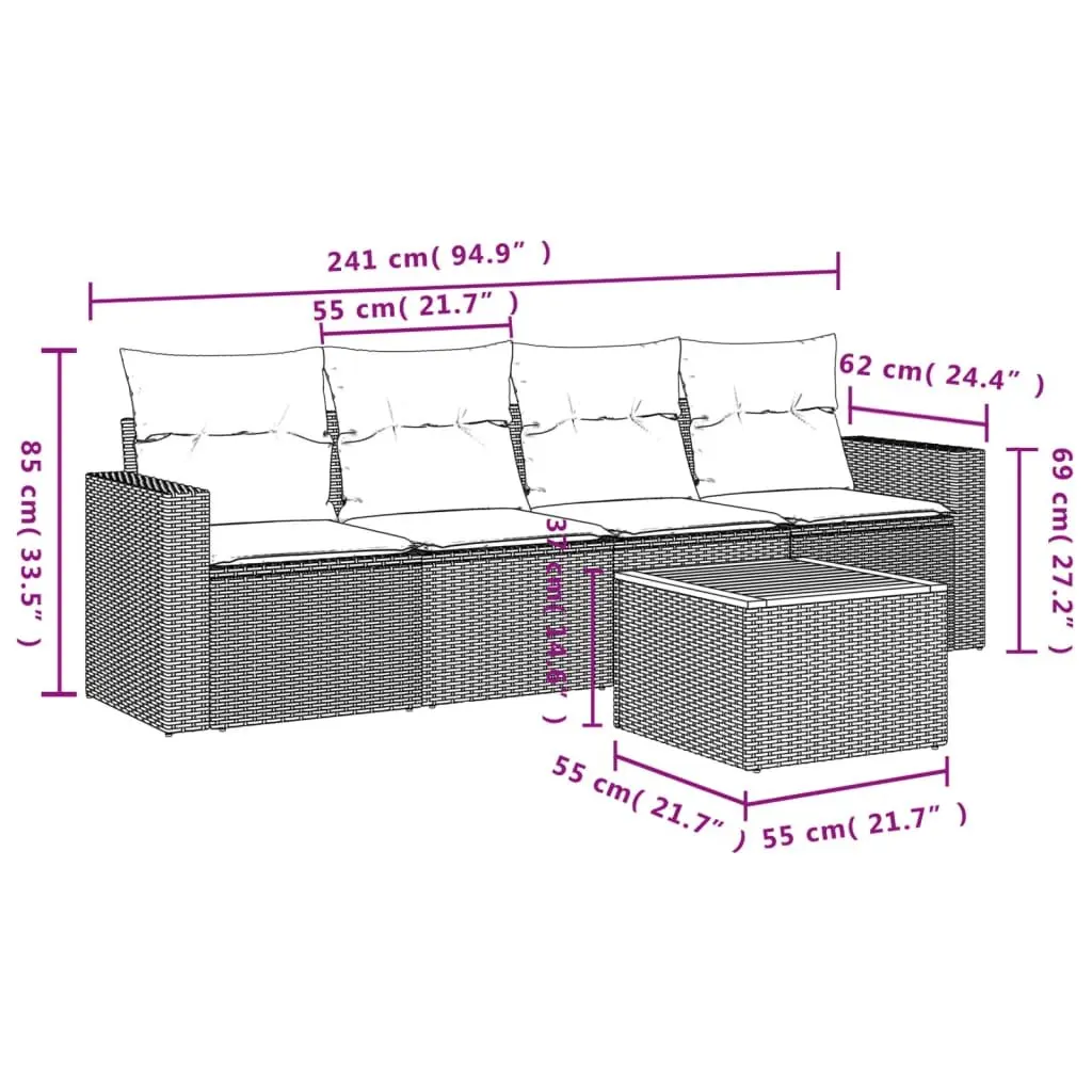 Garden Sofa Set 5 Piece Modular Outdoor Furniture Grey Poly Rattan Weather-Resistant with Storage Compartments and Removable Cushion Covers