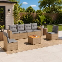 Outdoor Garden Sofa Set 7 Piece Patio Furniture Beige Rattan with Cushions