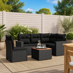 Outdoor Garden Sofa Set 6 Piece Black Poly Rattan Patio Furniture with Cushions