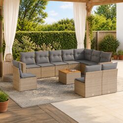 Garden Sofa Set 11 Piece Outdoor Furniture Beige Poly Rattan Patio Lounge with