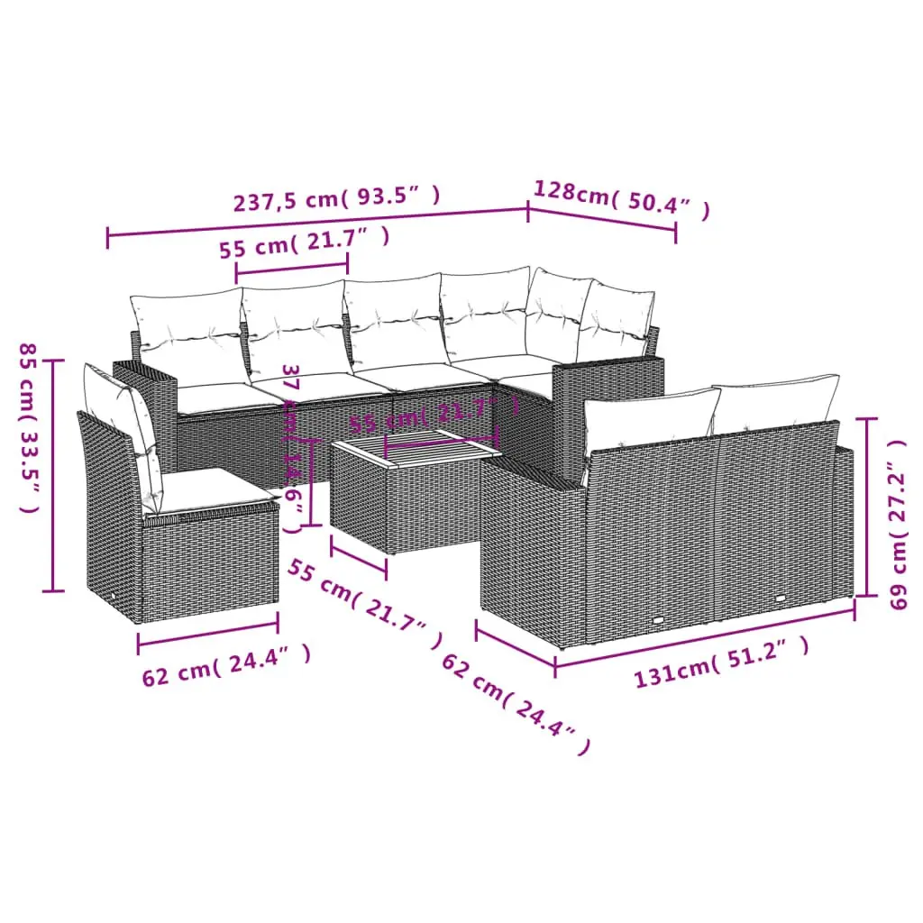 9 Piece Garden Sofa Set Grey Poly Rattan Modular Outdoor Furniture with Storage